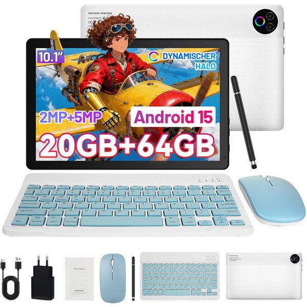 Happybe 10’’ HD Android, 64GB, WiFi6 mit Tastatur, Maus und Stift Tablet (10", 64 GB, Android 15, WiFi6, Großbs Display Tablet mit Stift, Tastatur und Maus, Wid