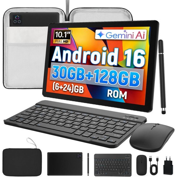 Happybe 10 Zoll Android 16, 30(6+24)GB RAM+128GB ROM, mit Tastatur & Tasche Tablet (10,1", 128 GB, Android)