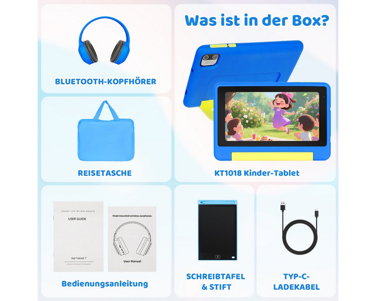 Happybe 7 Zoll 64GB HD-Display mit Schreibtafel, Kopfhörer & Tasche Kinder Tablet (7", 64 GB, Android, Android 15, Vorinstallierte Kindersoftware, Lernen durch  – Bild 3 von 5