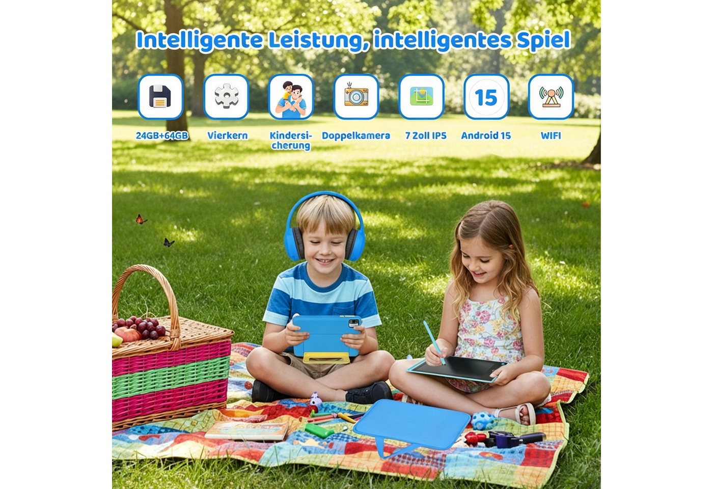 Happybe 7 Zoll 64GB HD-Display mit Schreibtafel, Kopfhörer & Tasche Kinder Tablet (7", 64 GB, Android, Android 15, Vorinstallierte Kindersoftware, Lernen durch  – Bild 5 von 5