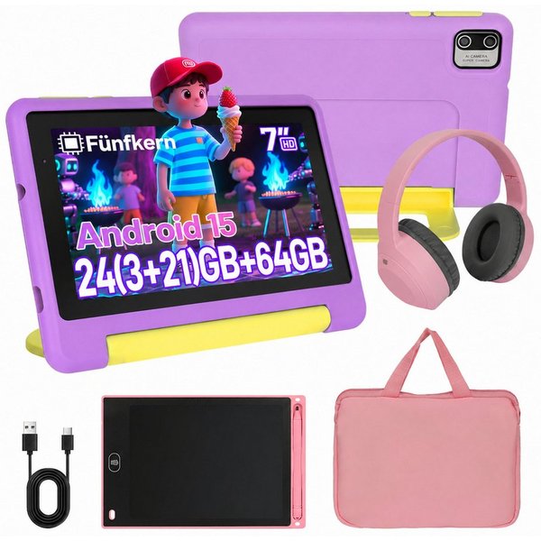 Happybe 7 Zoll 64GB HD-Display mit Schreibtafel, Kopfhörer & Tasche Kinder Tablet (7", 64 GB, Android, Android 15, Vorinstallierte Kindersoftware, Lernen durch 