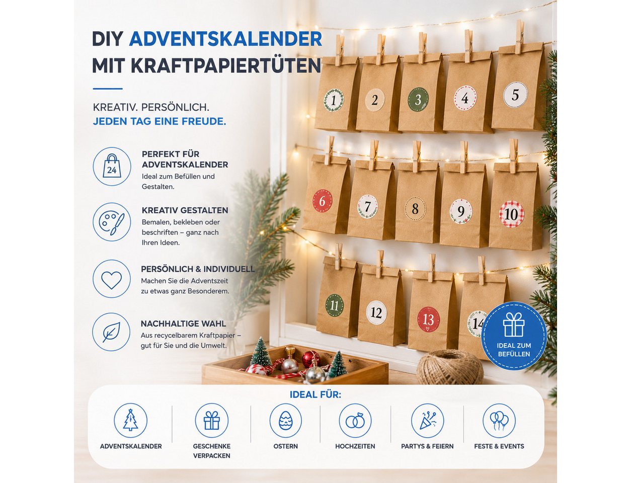 happymas DIY-Adventskalender 50 Kraftpapiertüten, braun, 21 × 14 cm, zum Basteln (50er Set, 50-tlg) – Bild 3 von 5