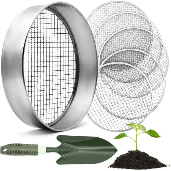 HappySeed Gartensieb 30cm mit 5 austauschbaren Siebeinsätzen + Gartenschaufel, Edelstahl, (6-St)