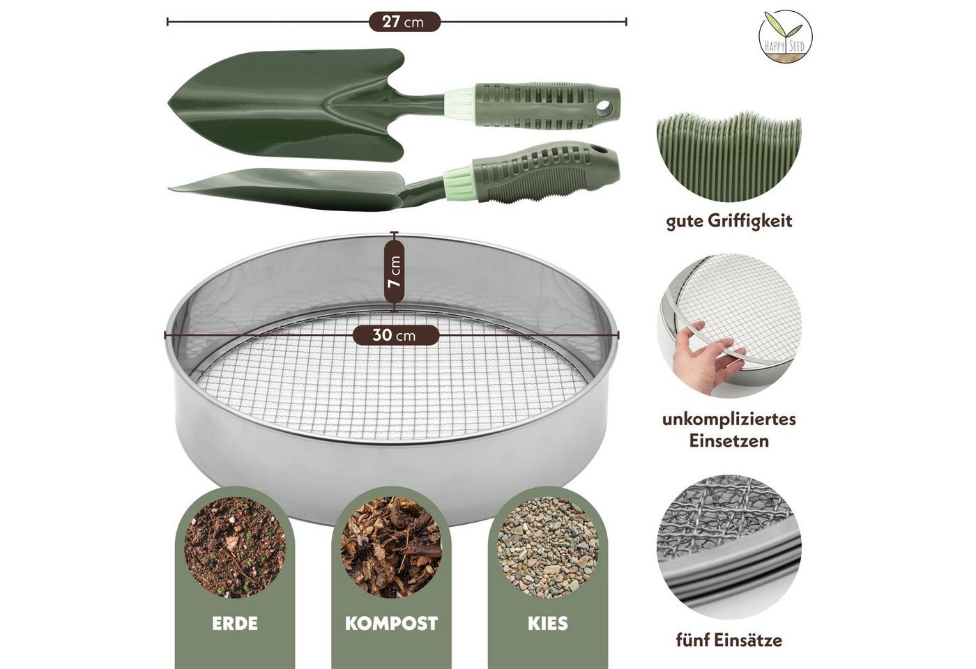HappySeed Gartensieb 30cm mit 5 austauschbaren Siebeinsätzen + Gartenschaufel, Edelstahl, (6-St) – Bild 2 von 5