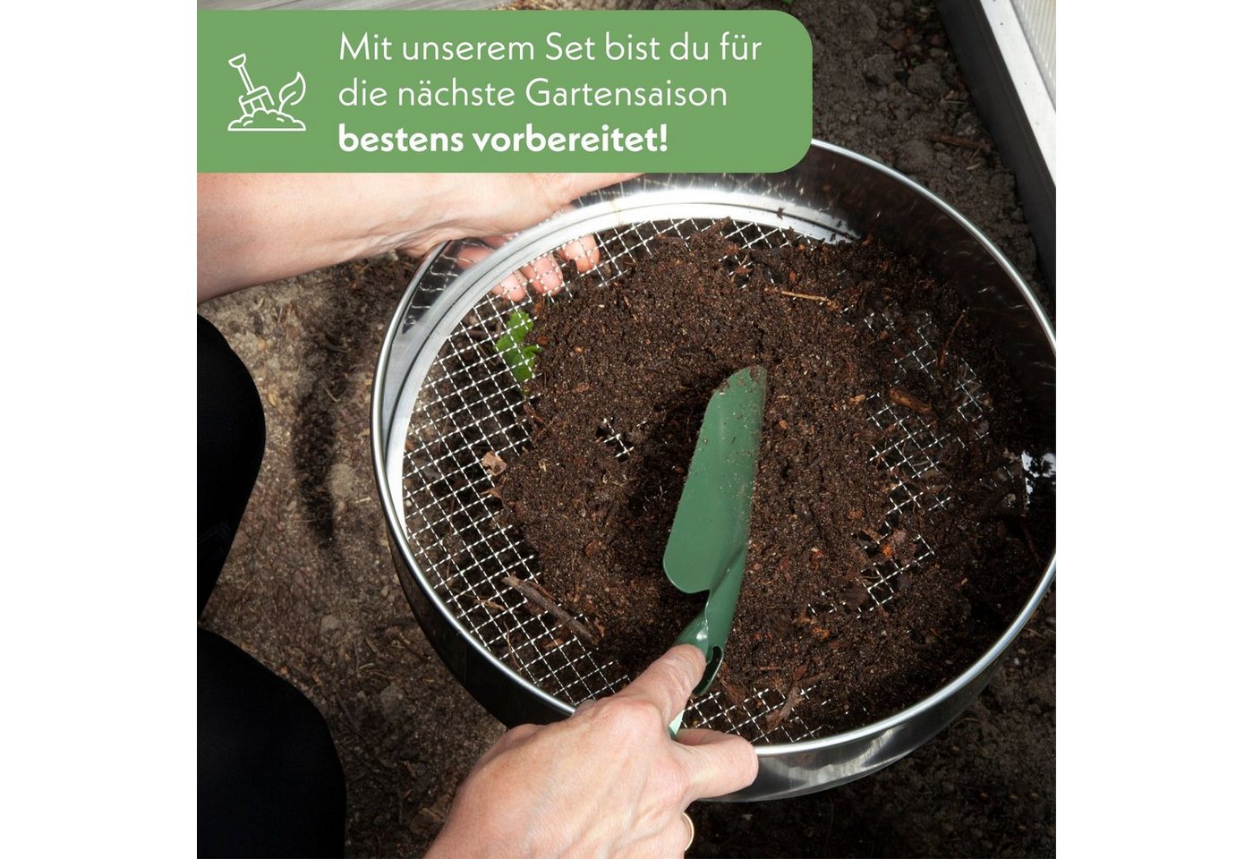 HappySeed Gartensieb 30cm mit 5 austauschbaren Siebeinsätzen + Gartenschaufel, Edelstahl, (6-St) – Bild 3 von 5