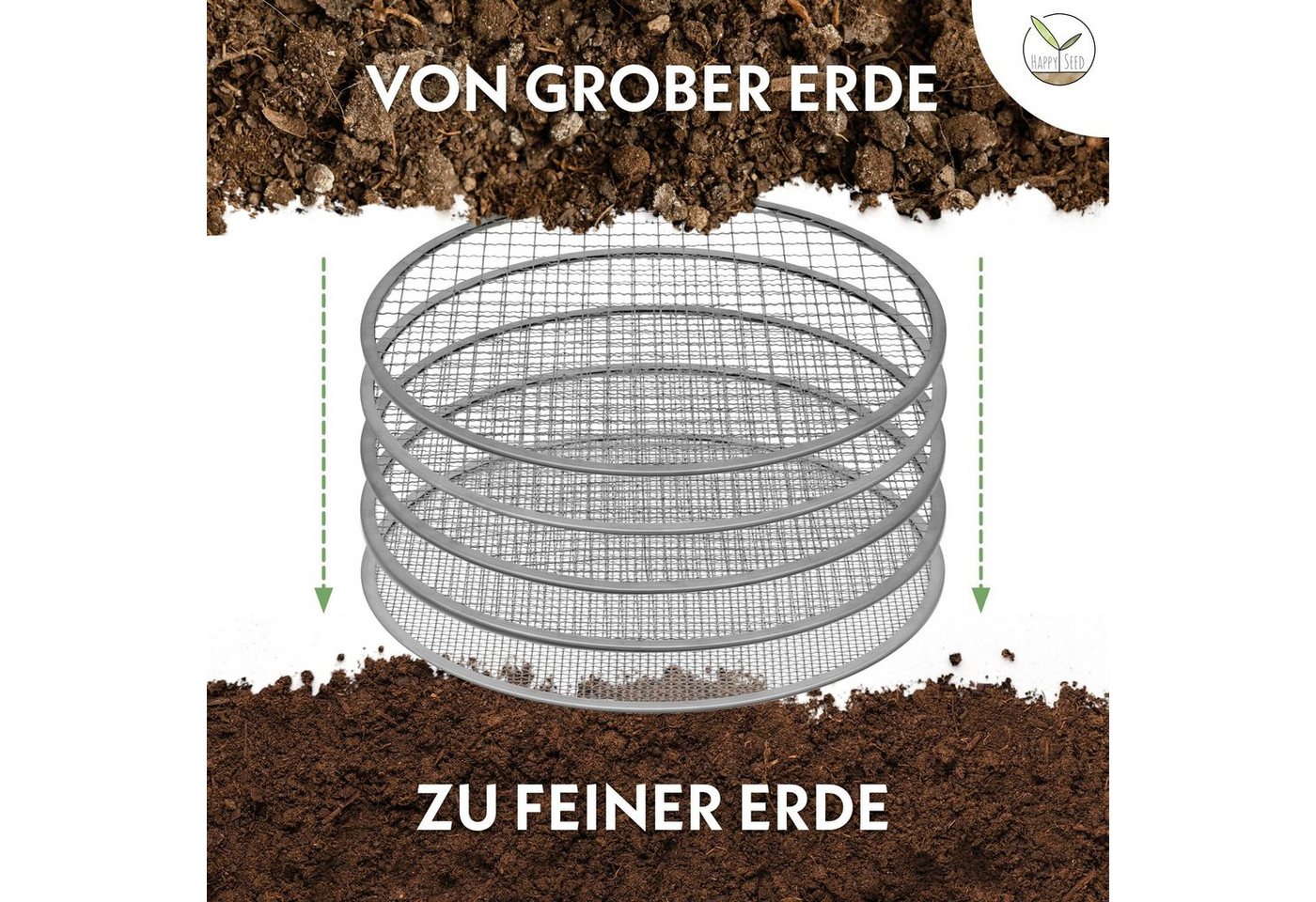 HappySeed Gartensieb 30cm mit 5 austauschbaren Siebeinsätzen + Gartenschaufel, Edelstahl, (6-St) – Bild 5 von 5