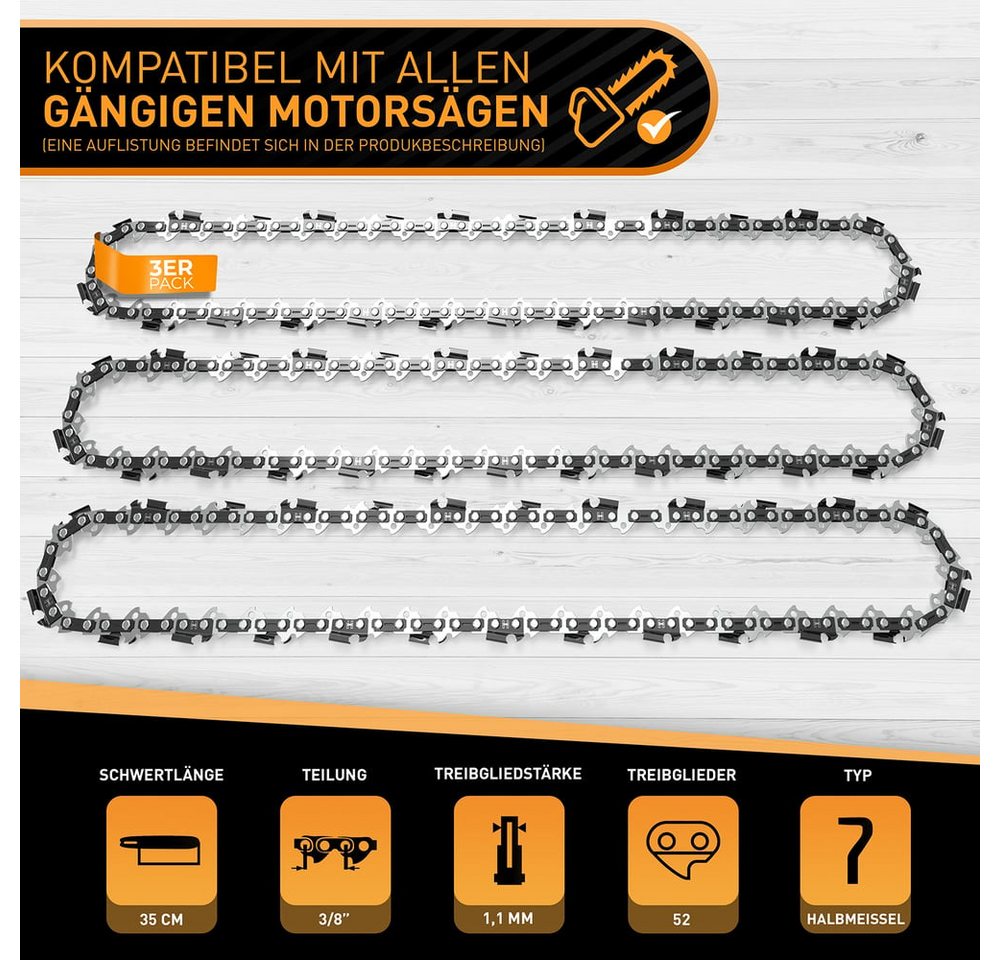 Hardtwerk® Ersatzkette 1,1mm 3/8" 3Stk Hartmetall selbstölend, 35 cm Länge, kompatibel mit Kettensägen von Makita Husqvarna Dolmar Bosch – Bild 2 von 5