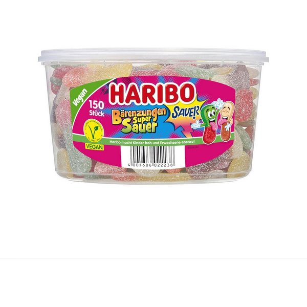 HARIBO Süßigkeit, Haribo Saure Bärenzungen 150 Stück Fruchtgummi Runddose 1350g