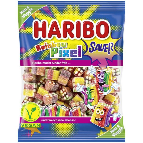 HARIBO Süßigkeit, Haribo Rainbow Pixel sauer veggie gezuckerte saure Fruchtgummi 160g