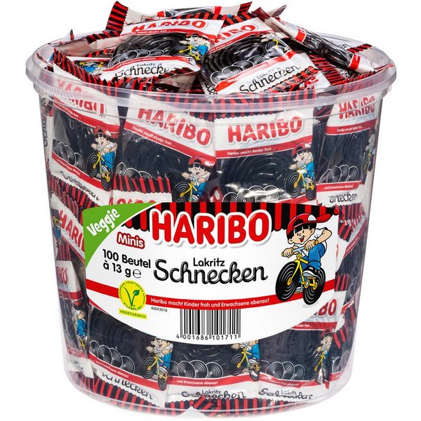 HARIBO Süßigkeit, Haribo Lakritz Schnecken im Minibeutel Klassiker Veggie 100 Stück