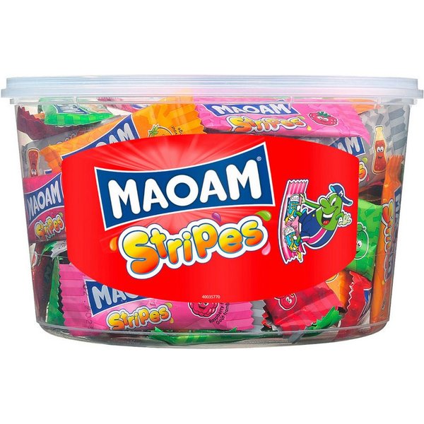 HARIBO Süßigkeit, Maoam Kaubonbon bunte Mini Stripes in der Runddose 100 Stück 700g