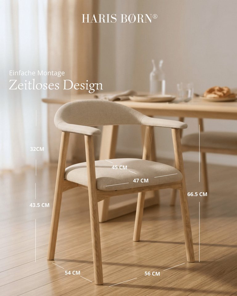 Haris Børn Esszimmerstuhl mit Armlehne (Massiv Eiche) - Polsterstühle für Esszimmer (Set, 4 St), Beige - Esszimmer Stühle & Esstisch Stühle - Moderner Polsterst – Bild 2 von 5