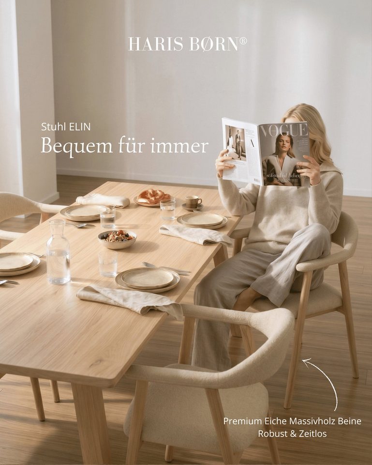 Haris Børn Esszimmerstuhl mit Armlehne (Massiv Eiche) - Polsterstühle für Esszimmer (Set, 4 St), Beige - Esszimmer Stühle & Esstisch Stühle - Moderner Polsterst – Bild 3 von 5