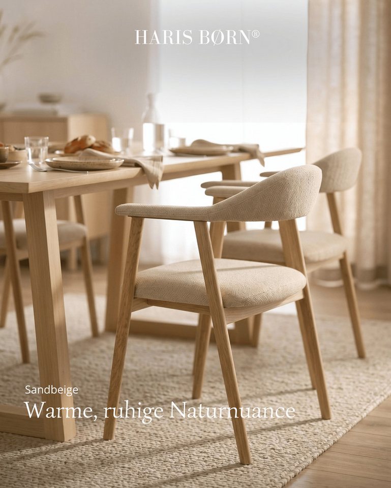 Haris Børn Esszimmerstuhl mit Armlehne (Massiv Eiche) - Polsterstühle für Esszimmer (Set, 4 St), Beige - Esszimmer Stühle & Esstisch Stühle - Moderner Polsterst – Bild 5 von 5