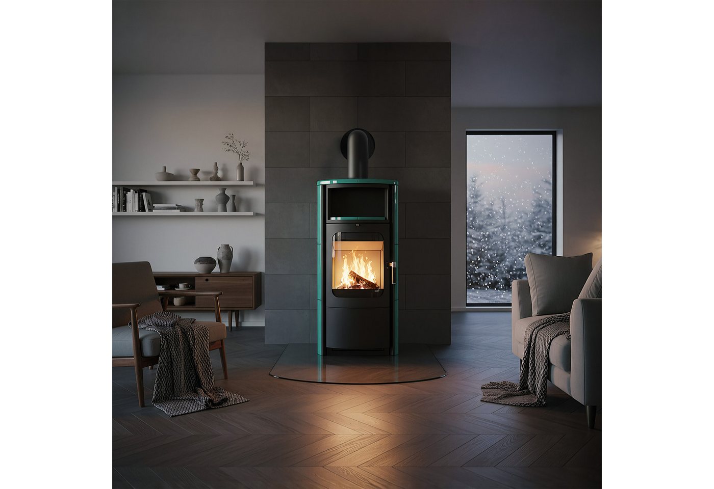 HARK Kaminofen Opera Petrol, Exklusiv, 7 kW, Dauerbrand, der Bestseller in neuer exklusiver Optik mit petrolfarbenen Kacheln – Bild 2 von 5