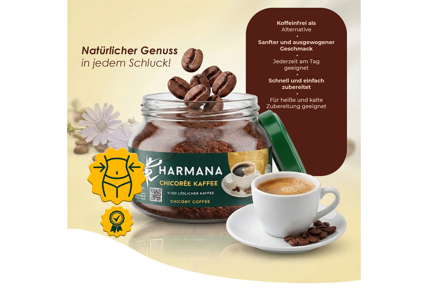 Harmana Kaffee Chicorée Kaffee 150g–60% Kaffee, 40% Zichorie, ohne Zucker 60 Portione, 150 g – Bild 5 von 5