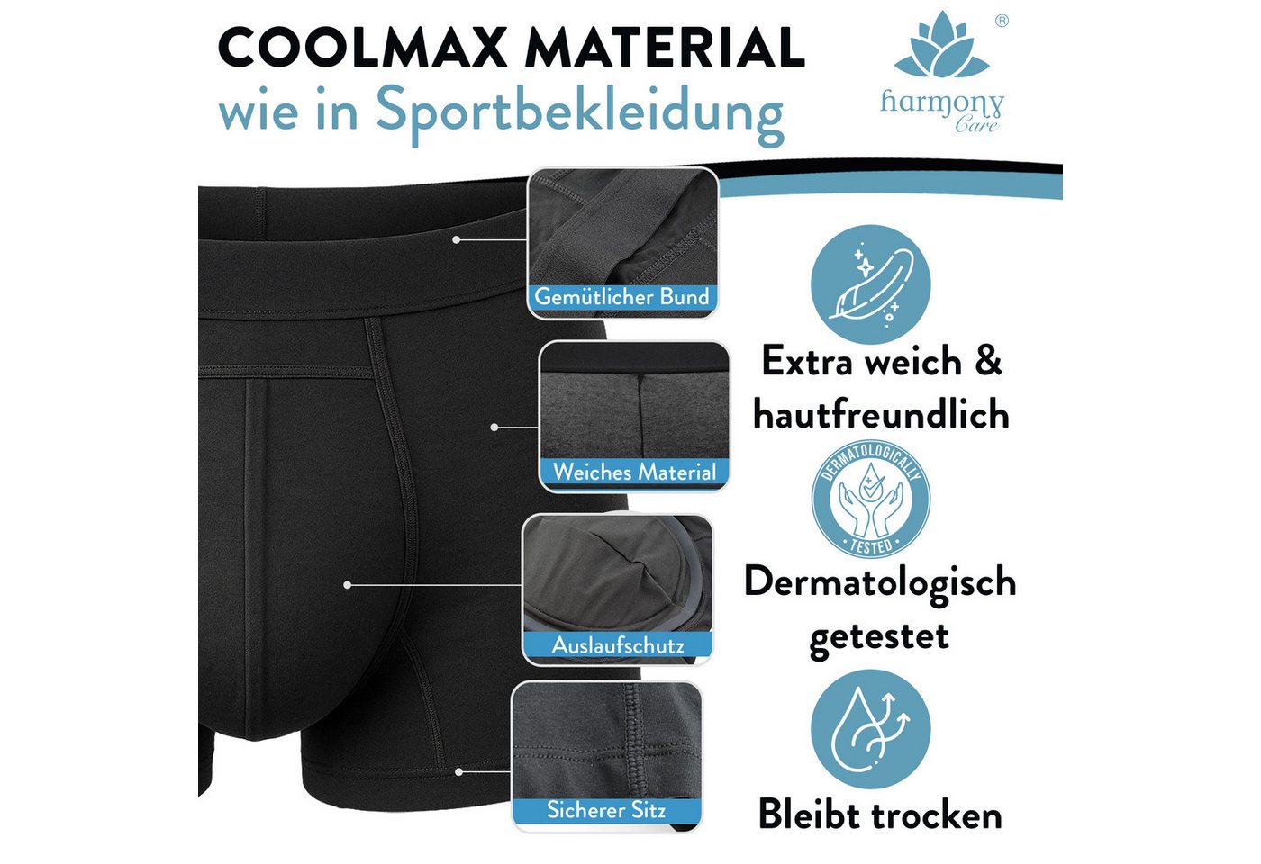 Harmony Care Inkontinenzboxer Premium waschbare Inkontinenz Pants Männer inkl. Waschnetz (1-er oder 3-er Set, 3-St., Inkontinenz Schutzhose, Inkontinenz Boxersh – Bild 3 von 5