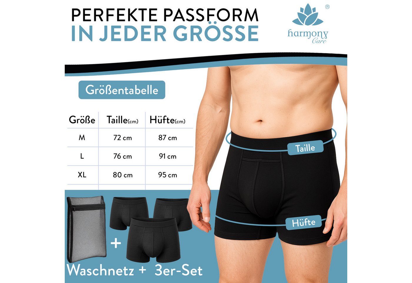 Harmony Care Inkontinenzboxer Premium waschbare Inkontinenz Pants Männer inkl. Waschnetz (1-er oder 3-er Set, 3-St., Inkontinenz Schutzhose, Inkontinenz Boxersh – Bild 4 von 5