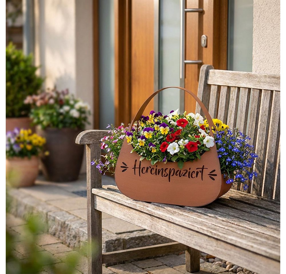 Harms Import Blumentopf, Blumentasche Pflanzgefäß Braun Rostoptik Tasche Hereinspaziert H 34 cm – Bild 3 von 5