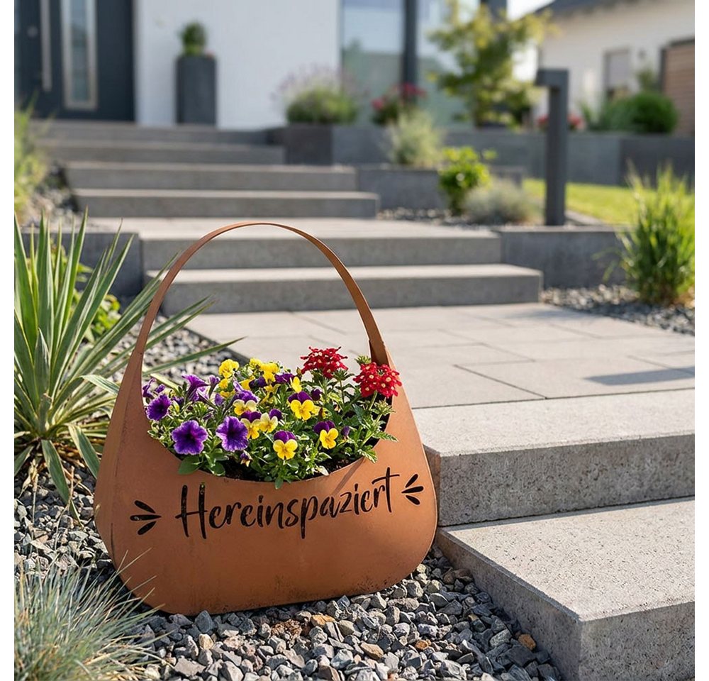 Harms Import Blumentopf, Blumentasche Pflanzgefäß Braun Rostoptik Tasche Hereinspaziert H 34 cm – Bild 4 von 5