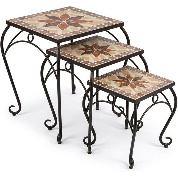Harms Import Gartentisch, Hocker Tisch Schwarz Mosaikoptik quadratisch Beistelltisch 3er Set