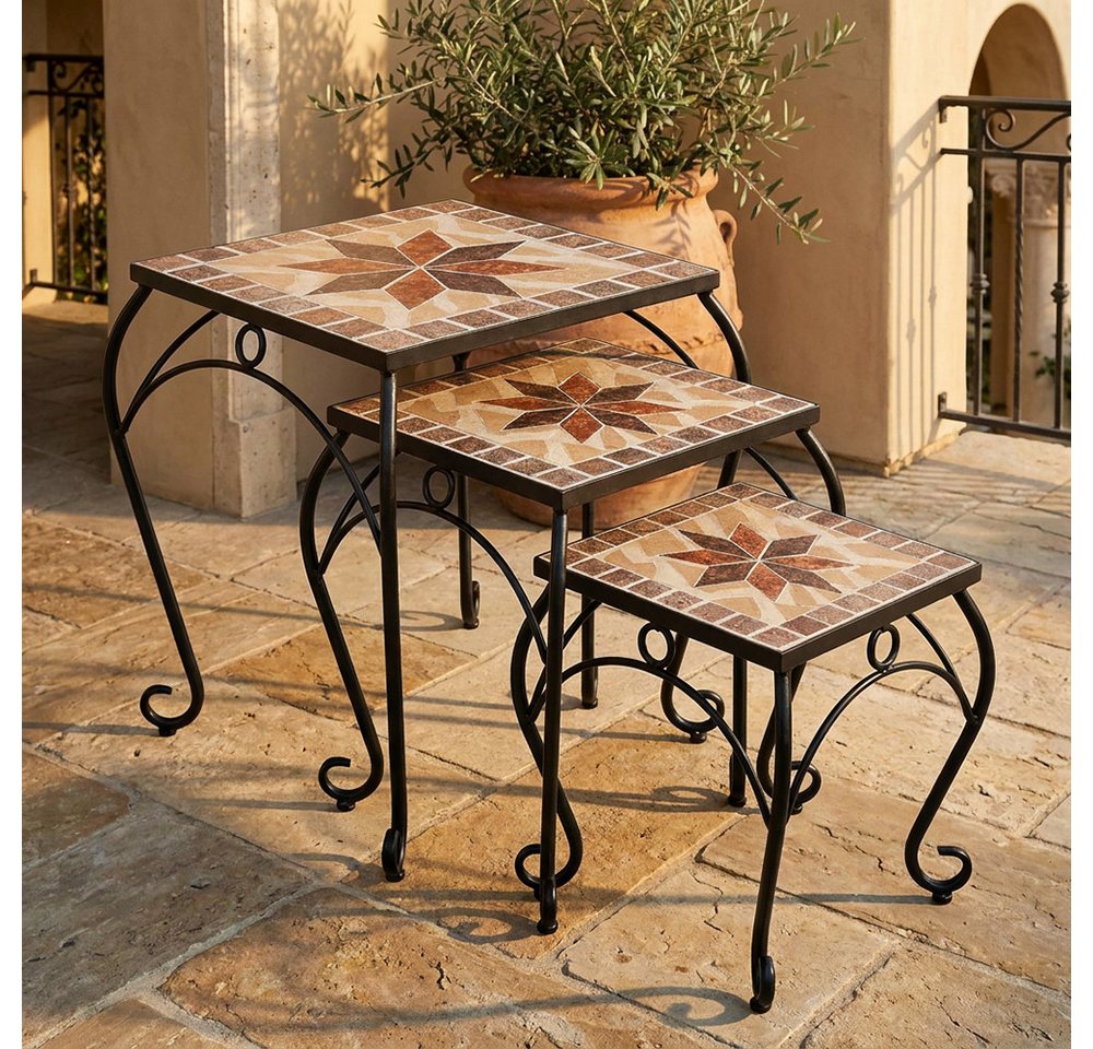 Harms Import Gartentisch, Hocker Tisch Schwarz Mosaikoptik quadratisch Beistelltisch 3er Set – Bild 2 von 5