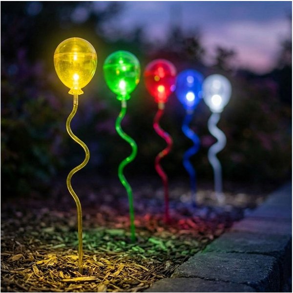 Harms Import LED Dekofigur, LED-Leuchtmittel fest verbaut, Farbig, Warmweiß, 5x LED Solarleuchte transparent bunt Luftballon mit Erdspieß H 60 cm