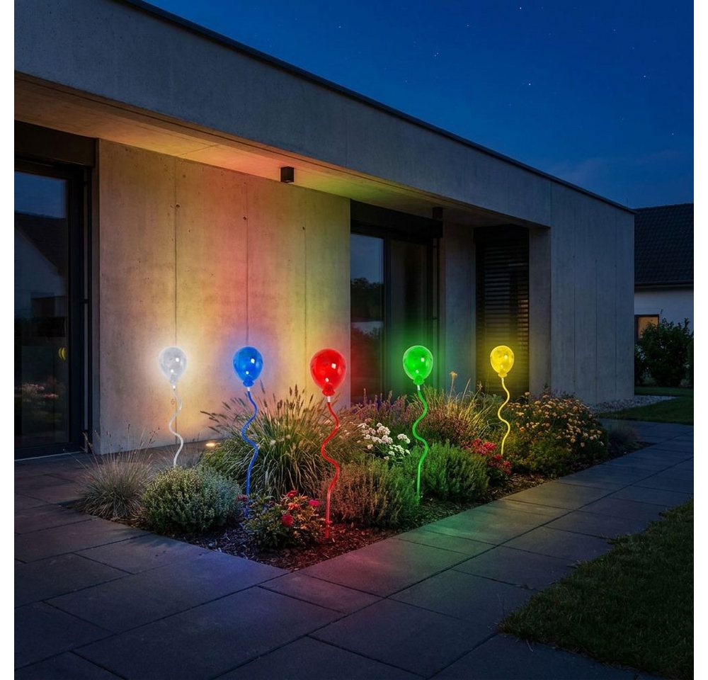 Harms Import LED Dekofigur, LED-Leuchtmittel fest verbaut, Farbig, Warmweiß, 5x LED Solarleuchte transparent bunt Luftballon mit Erdspieß H 60 cm – Bild 3 von 5