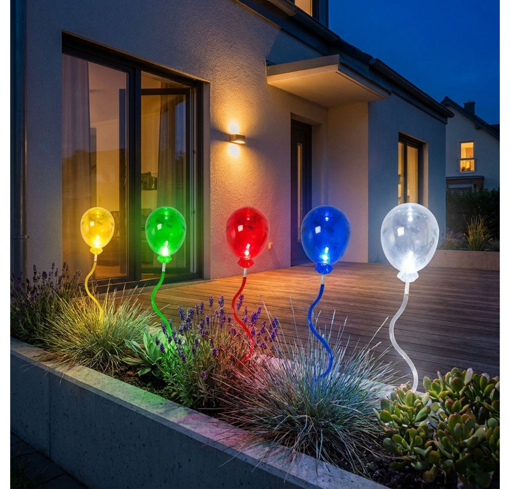 Harms Import LED Dekofigur, LED-Leuchtmittel fest verbaut, Farbig, Warmweiß, 5x LED Solarleuchte transparent bunt Luftballon mit Erdspieß H 60 cm – Bild 4 von 5