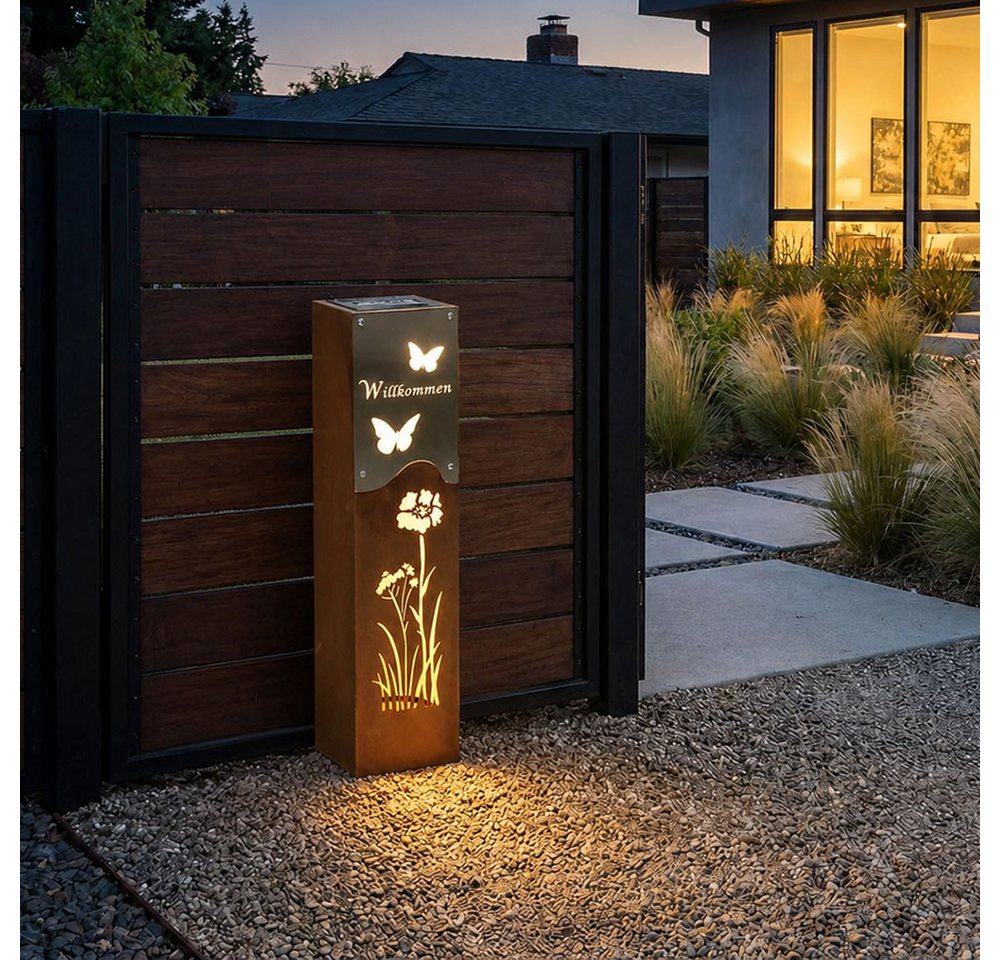 Harms Import LED Solarleuchte, LED-Leuchtmittel fest verbaut, Warmweiß, LED Solarleuchte Dekosäule Edelstahl rost silber Akku H 57,5 cm – Bild 3 von 5