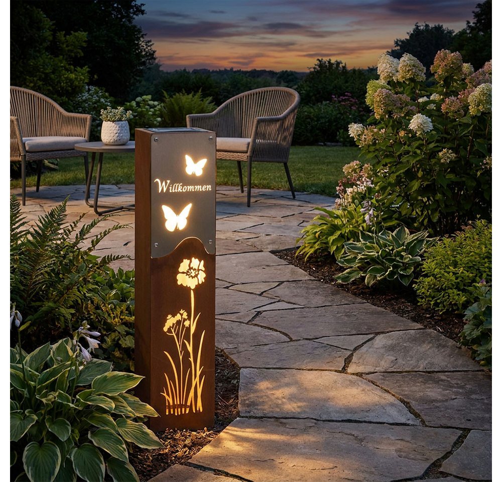Harms Import LED Solarleuchte, LED-Leuchtmittel fest verbaut, Warmweiß, LED Solarleuchte Dekosäule Edelstahl rost silber Akku H 57,5 cm – Bild 4 von 5