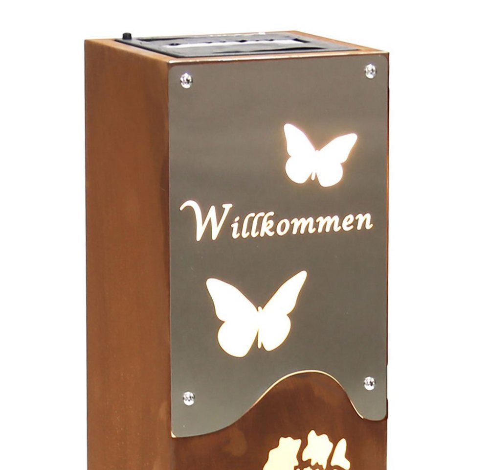 Harms Import LED Solarleuchte, LED-Leuchtmittel fest verbaut, Warmweiß, LED Solarleuchte Dekosäule Edelstahl rost silber Akku H 57,5 cm – Bild 5 von 5