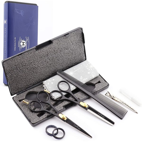 Haryali London Scheren-Set 6-Zoll-Scherenset mit Schneide- und Effilierschere in Schwarzgold, (1 paar, 2-tlg., 1x cutting scissors, 1x Effilierschere, 1x Kamm,