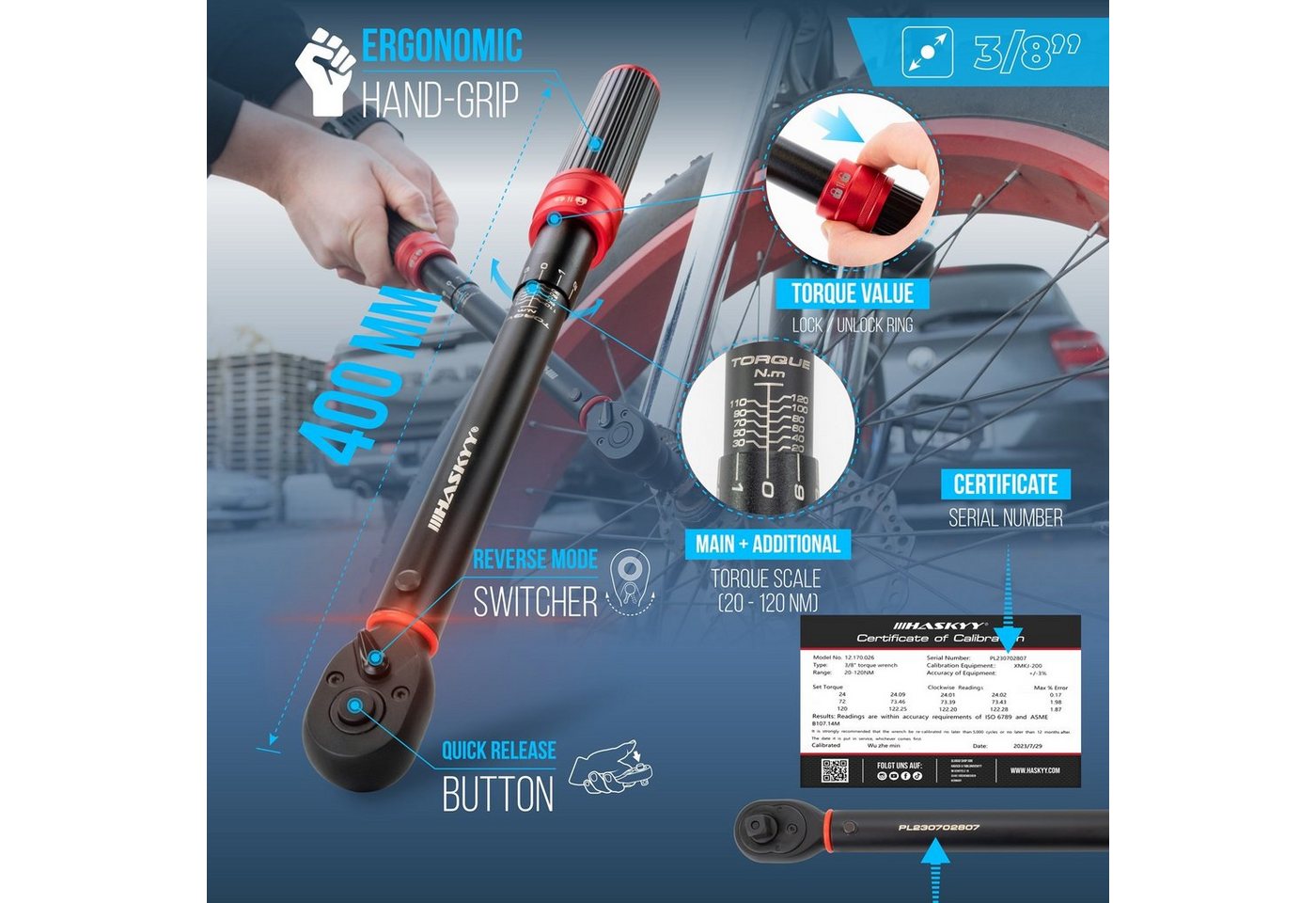 HASKYY Drehmomentschlüssel Drehmomentschlüssel 3/8" 20-120Nm Bits Torxbits Flachnüsse 75mm Verlän – Bild 5 von 5