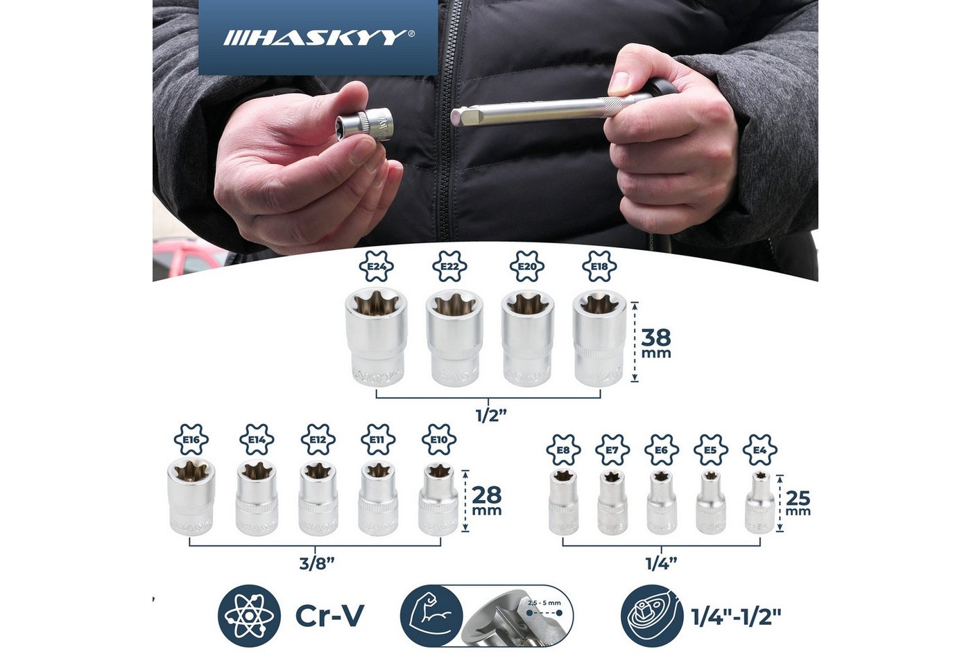 HASKYY Torxschlüssel Außen Torx Steckschlüssel Satz E4-E24 – Bild 4 von 5
