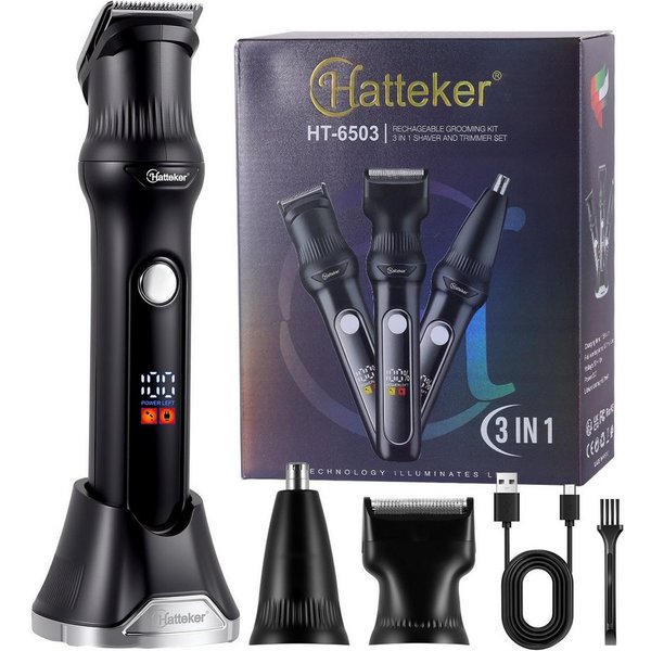 HATTEKER Bartschneider HT-6503, Haarschneider, Rasierer & Nasenhaartrimmer, 3-in-1 Herren-Pflegeset