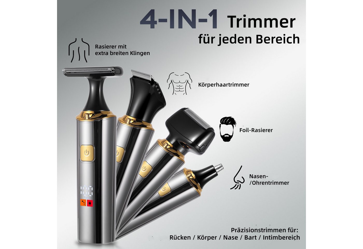 HATTEKER Elektrokörperrasierer HT-6199, Aufsätze: 1, Körperhaartrimmer, Rasierer Nasenhaarschneider Haar-/Bartschneider 4-in-1, Wet&Dry – Bild 2 von 5