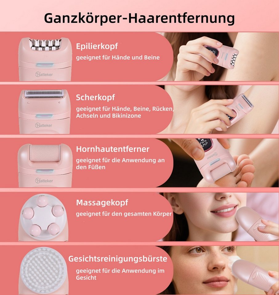 HATTEKER Epilierer HT-582, Aufsätze: 1 St., Körperpflegegerät, Damen Rasierer, 24 Edelstahl-Pinzetten, Wet&Dry – Bild 4 von 5