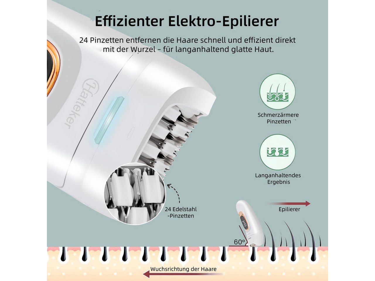 HATTEKER Epilierer HT-582, Aufsätze: 1 St., Körperpflegegerät, Damen Rasierer, 24 Edelstahl-Pinzetten, Wet&Dry – Bild 2 von 5