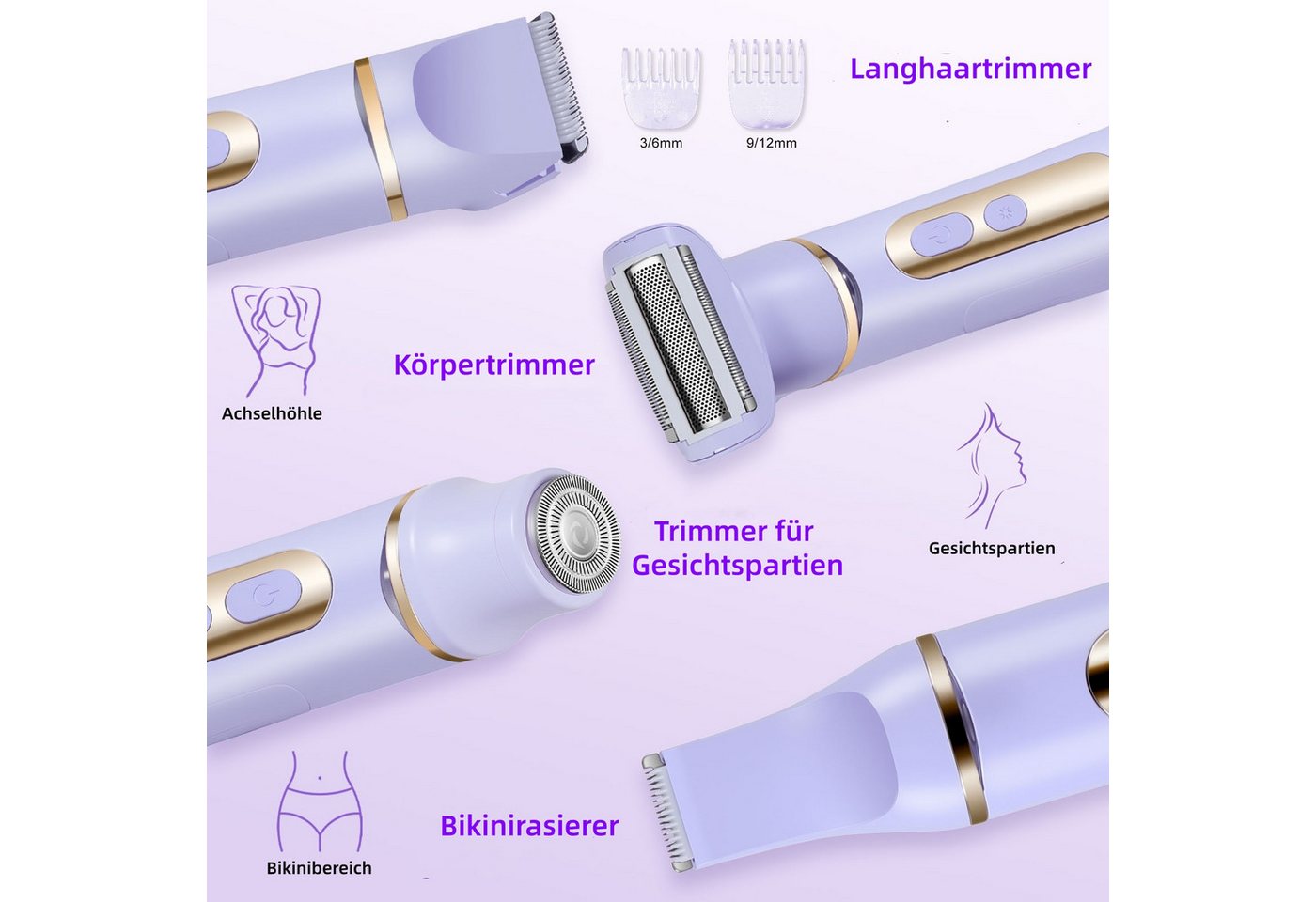 HATTEKER Epilierer HT-597, Aufsätze: 1 St., Rasierer für Damen, Trimmer, Gesichtstrimmer, 4-in-1, wasserdicht – Bild 2 von 5