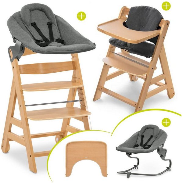 Hauck Hochstuhl Alpha Move Natur Newborn Set, Holz Babystuhl ab Geburt mit Neugeborenenaufsatz, Sitzkissen, Essbrett