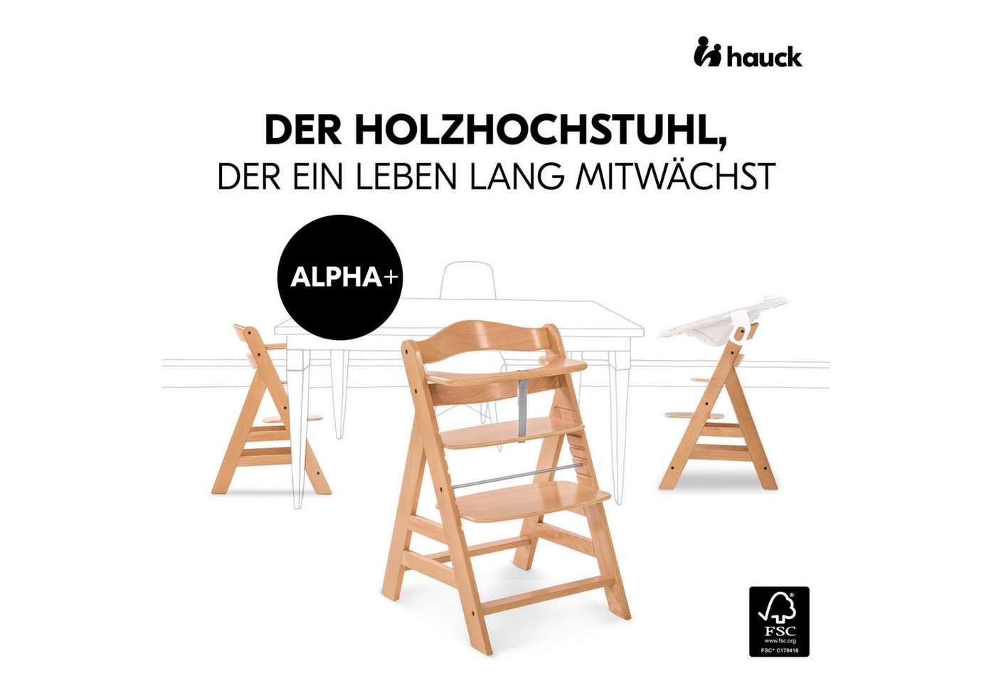 Hauck Hochstuhl Alpha Plus, Mitwachsender Holz Kinderhochstuhl mit Gurt, Schutzbügel & Sitzauflage – Bild 2 von 5