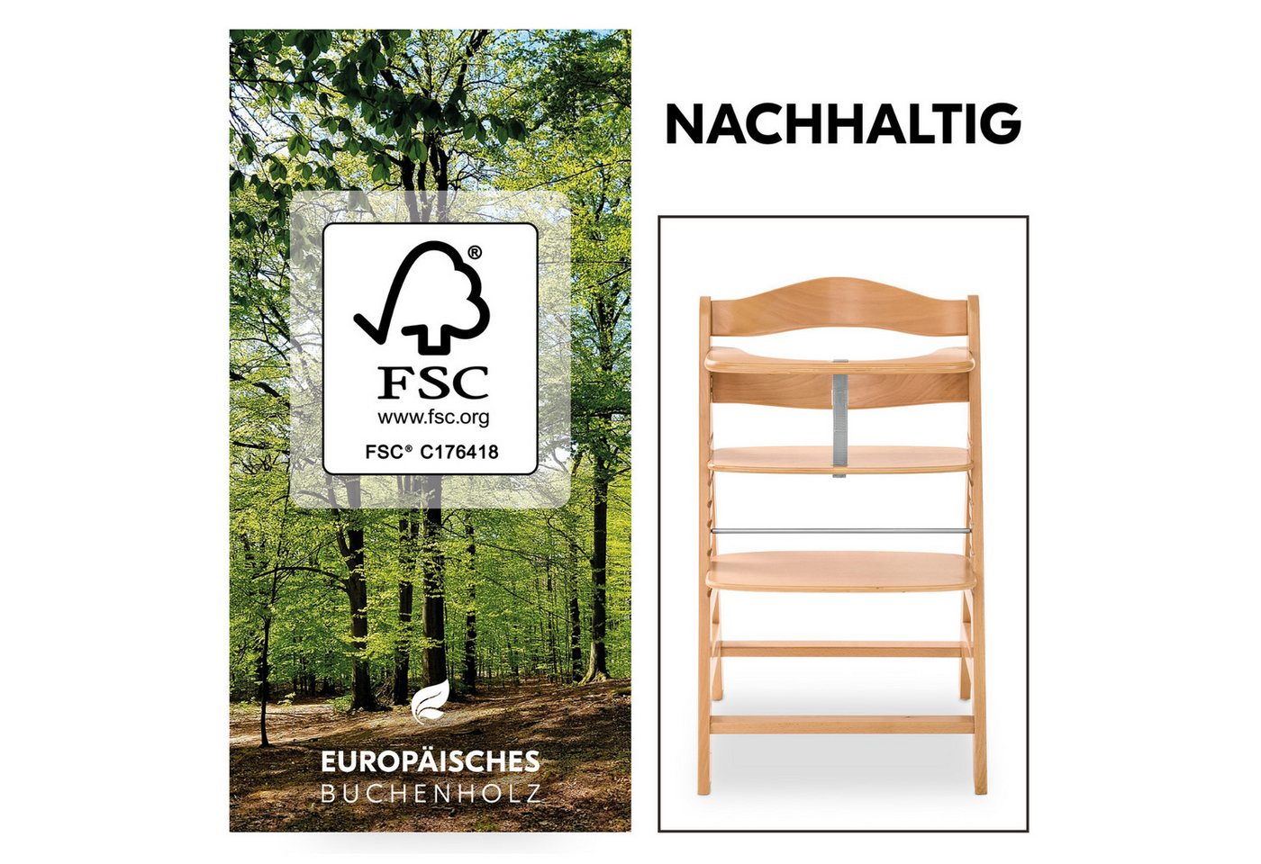 Hauck Hochstuhl Alpha Plus, Mitwachsender Holz Kinderhochstuhl mit Gurt, Schutzbügel & Sitzauflage – Bild 3 von 5