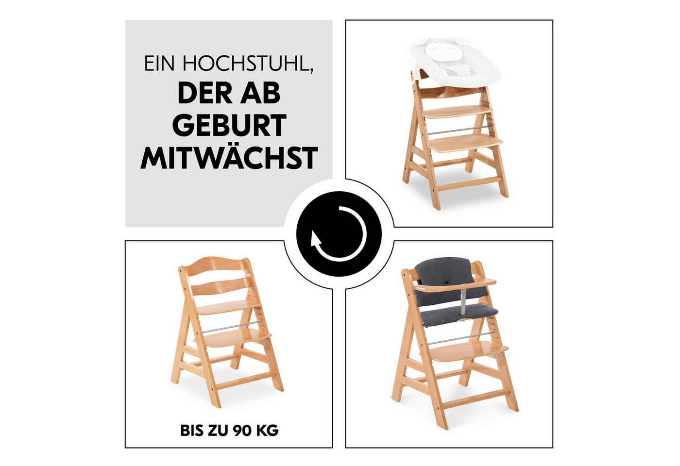 Hauck Hochstuhl Alpha Plus, Mitwachsender Holz Kinderhochstuhl mit Gurt, Schutzbügel & Sitzauflage – Bild 5 von 5
