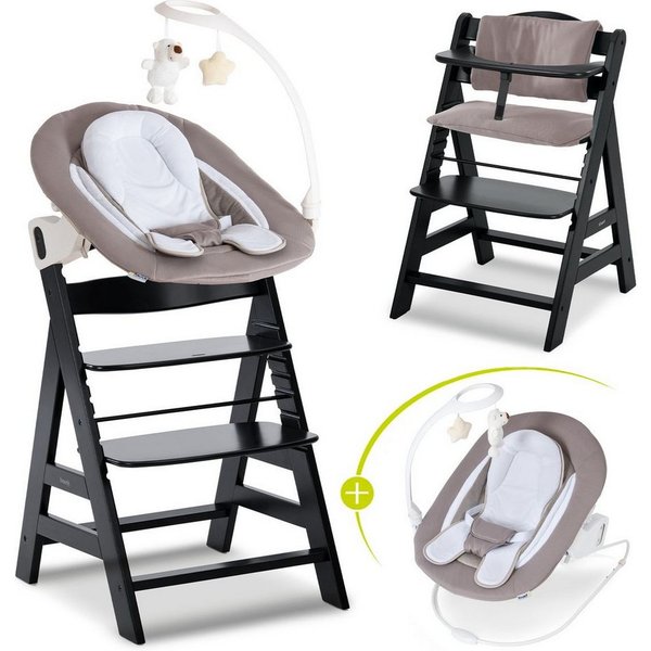Hauck Hochstuhl Alpha Plus Black Newborn Set Deluxe, Holz Babystuhl ab Geburt inkl. Aufsatz für Neugeborene & Sitzauflage
