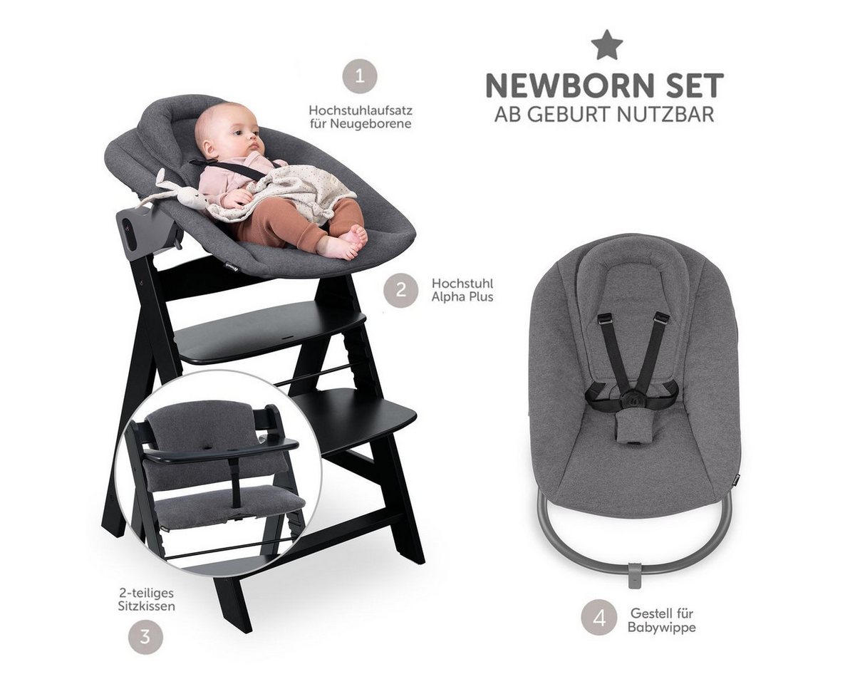 Hauck Hochstuhl Alpha Plus Black Newborn Set Premium, Holz Babystuhl ab Geburt inkl. Aufsatz für Neugeborene & Sitzauflage – Bild 2 von 5