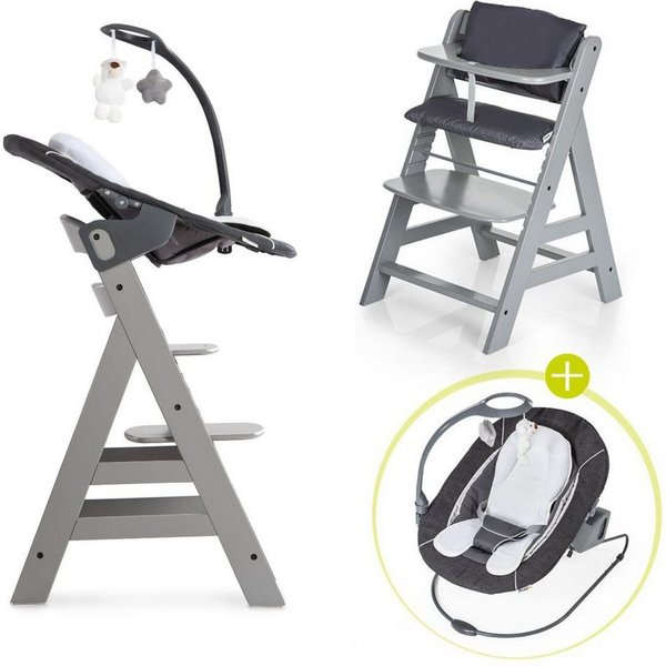 Hauck Hochstuhl Alpha Plus Grau - Newborn Set Deluxe (Set, 4 St), Holz Babyhochstuhl ab Geburt inkl. Neugeborenenaufsatz & Sitzauflage