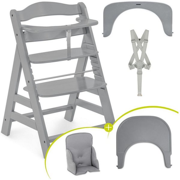 Hauck Hochstuhl Alpha Plus Grey, Mitwachsender Holz Kinderhochstuhl mit Essbrett & Sitzverkleinerer