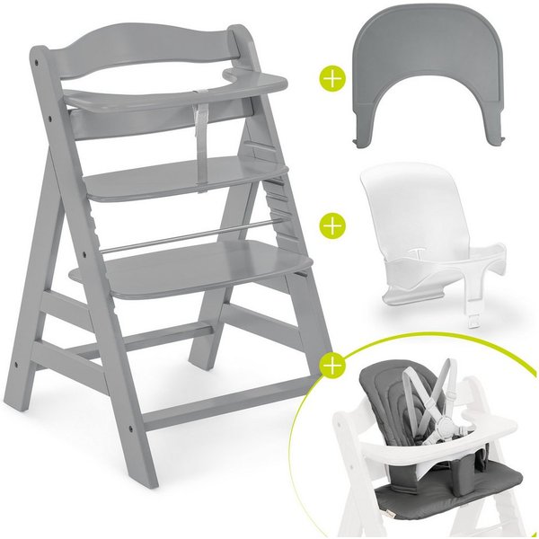 Hauck Hochstuhl Alpha Plus Grey, Holz Baby Kinderhochstuhl mit Tablett Click Tray, Baby-Sitz & Sitzpad