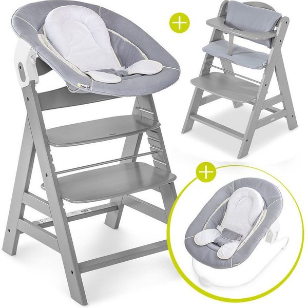 Hauck Hochstuhl Alpha Plus Grey Newborn Set (Set, 4 St), Holz Babystuhl ab Geburt inkl. Aufsatz für Neugeborene & Sitzauflage